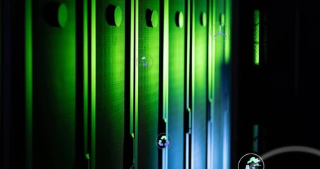 Animation of ecology icons and data processing over server room - Powered by Adobe