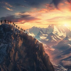 Team of People Holding Hands, Helping Each Other Reach the Mountain - obrazy, fototapety, plakaty