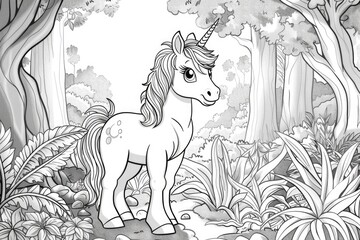 A cartoon unicorn standing in a forest, coloring book for kids.