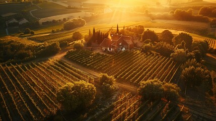 Sunrise Over Sprawling Vineyard: Top-Down View of Grapevines and Farmhouse in Golden Light