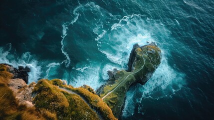 An aerial capture of a dramatic cliffside coast, with waves crashing against the rocks below, and a single, winding trail leading to an ancient lighthouse perched at the edge
