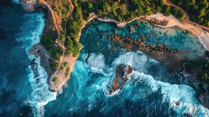 Drone Capture: Rugged Coastline, Waves Against Rocks, and Trail to Perched Lighthouse