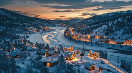 Drone Shot at Dusk: Snow-Covered Village, Warm Window Lights, Frozen River, and Aurora Borealis