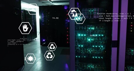 Animation of ecology icons and data processing over server room - Powered by Adobe