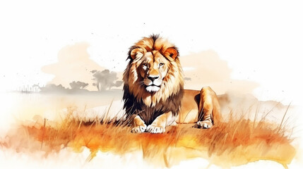 water color style of full body potrait of lion surrounded by dark savannah. Generative Ai