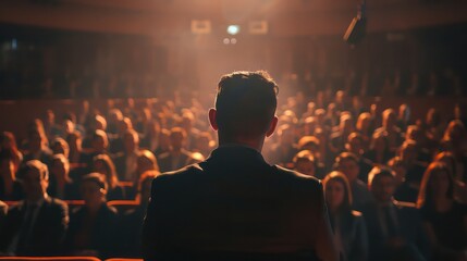 Business Conference Stage: Tech Startup CEO Presents New Product, Holding Laptop, Does Motivational Talk, and Lecture about Science, Technology, Entrepreneurship, Development, Leadership. Back View