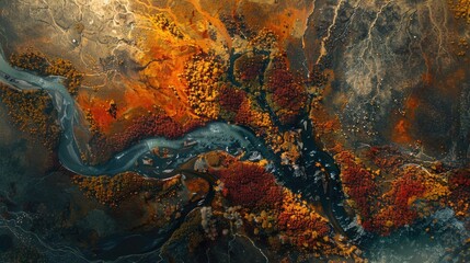 A bird's-eye view of a sprawling, ancient forest in the midst of autumn, with a tapestry of oranges, reds, and yellows, and a clear, winding stream reflecting the explosion of colors - obrazy, fototapety, plakaty