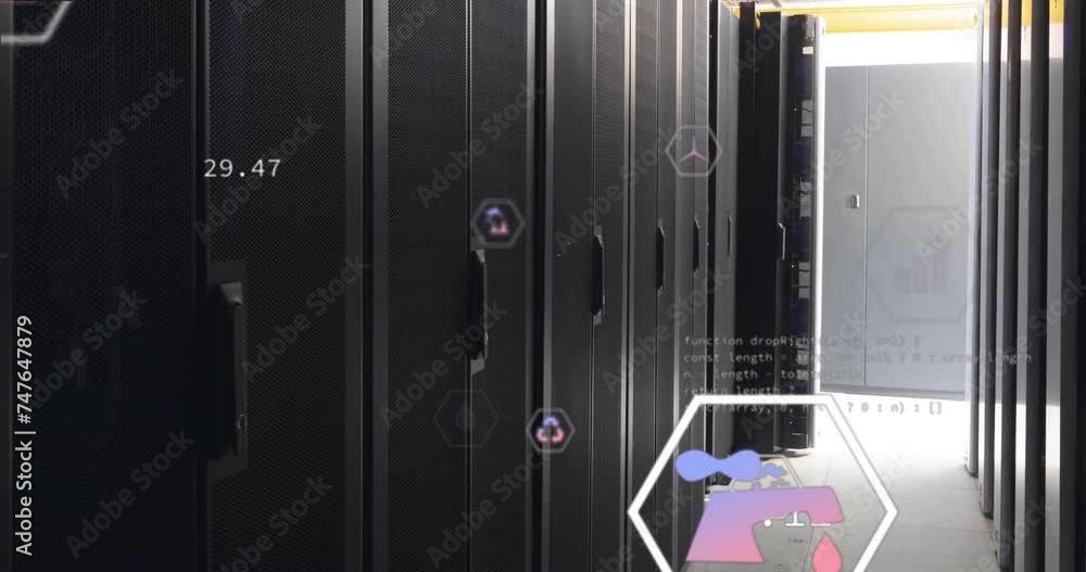 Poster animation of ecology icons and data processing over server room