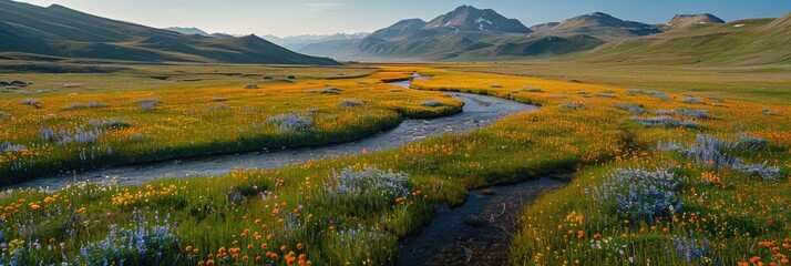 Remote Alpine Meadow in Bloom with Wildflowers and Crystal-Clear Stream - obrazy, fototapety, plakaty