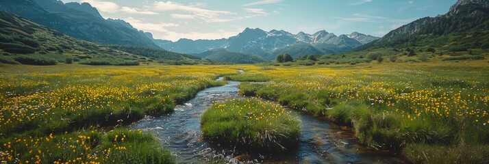 Overhead Capture: Vibrant Alpine Meadow, Multicolored Wildflowers, and Serene Stream Under Peaks