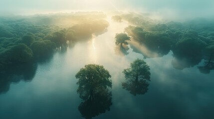 Obraz na płótnie Canvas Dawn Over Misty Lake: Ancient Trees Peering Through Fog Under First Sunlight Rays