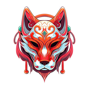 Illustration of a  Kitsune Mask with Torii Japanese, for t-shirt, Sticker, Poster. Vector Illustration PNG Image