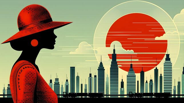 Roaring Twenties Elegance: 1920s Woman with City Skyline Background Illustration