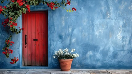 Mediterranean Charm: Red Door Against a Blue Wall with Flowers