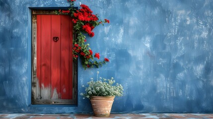 Fototapeta na wymiar Mediterranean Charm: Red Door Against a Blue Wall with Flowers