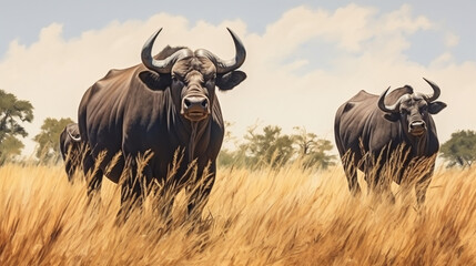 water color style of Group of african buffalo Syncerus caffer, on the savannah. Generative Ai