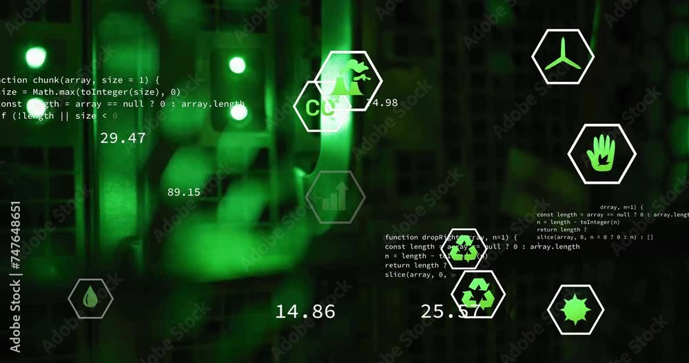 Poster animation of ecology icons and data processing over server room