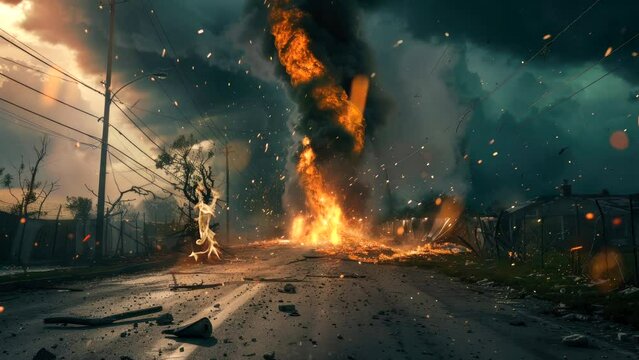 tornado with fire burn strike road way earth, bad weather environment video looping 