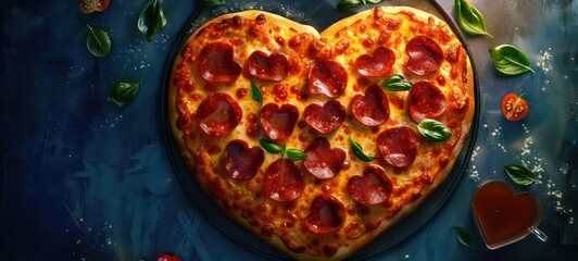 pizza in form of heart top view on wooden background with copy space. - obrazy, fototapety, plakaty