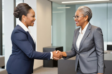 Fototapeta premium Two middle aged African female managers smiling and shaking hands in modern office environment, businesswomen from different enterprises making a partnership or alliance, collaborating at work