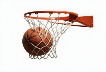 Basketball falling into the net on a hoop isolated on a white background,  basketball going through a hoop with a white net against a white background