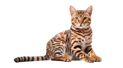 Bengal cat laying down isolated on white background