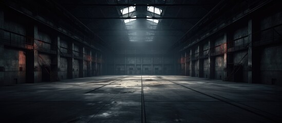 A large, empty industrial warehouse is shrouded in darkness, with a single light shining at the far end, illuminating the space and creating a stark contrast between light and dark. - obrazy, fototapety, plakaty