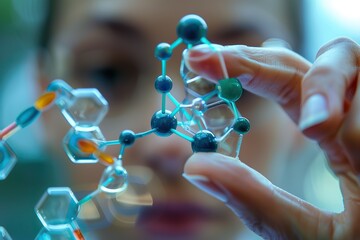 A photo of a scientist touching molecule structure, Science testing technology concept - obrazy, fototapety, plakaty