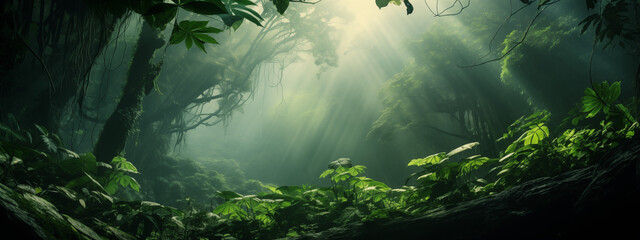 Enchanted Jungle with Sunlight Filtering Through - obrazy, fototapety, plakaty