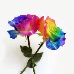 Foto op Plexiglas Surreal Spectrum: A Vibrant Rainbow Rose Blooms Against a Pure White Canvas. Generative AI. © Friedbert