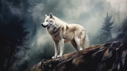water color painting style of full body potrait of white wolf on the rock . Generative Ai
