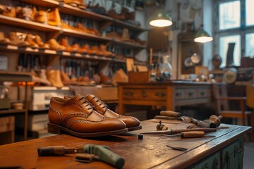 Shoemake or shoe repairman's work bench, A leather shoe maker workplace with well used leather craft tools and furniture - obrazy, fototapety, plakaty