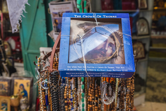Jerusalem, Israel - October 22, 2015: Crown of Thorns for sale in Muristan shopping area of Christian Quarter of the Old City of Jerusalem