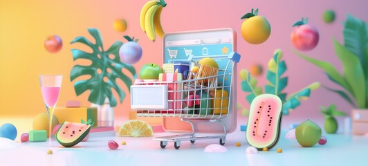 3D Ecommerce Banner or Phone Landing Page Template on Round Pedestal with Shopping Cart and Goods. Save credit card rewards for online shopping concept. on a pink background, framed illustration, 3d