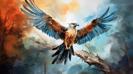 water color painting style of full body potrait of GARUDA bird on the branch. Generative Ai