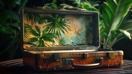 Opened luggage with a small island and a airplane above. Travel and holiday concept. This is a 3d render illustration