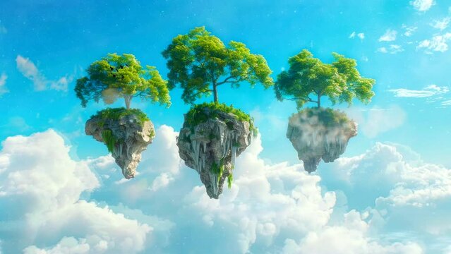 floating island with tree, fly island on sky video looping for live wallpaper 4k quality