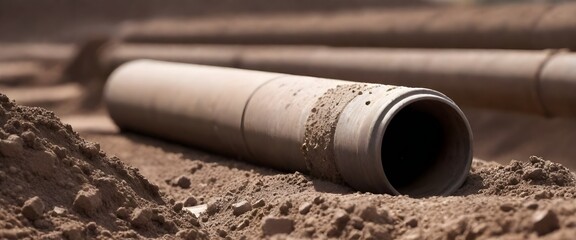 installation of a sewage plastic pipe during the construction of a house. Creative Banner. Copyspace image, Close-up of a dirty drill pipe on a construction site with soil in the background - obrazy, fototapety, plakaty