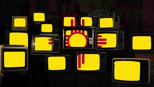 Flag of New Mexico and Vintage Televisions. 4K Resolution.