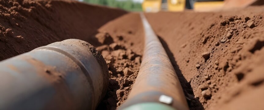 installation of a sewage plastic pipe during the construction of a house. Creative Banner. Copyspace image, Close-up of a dirty drill pipe on a construction site with soil in the background