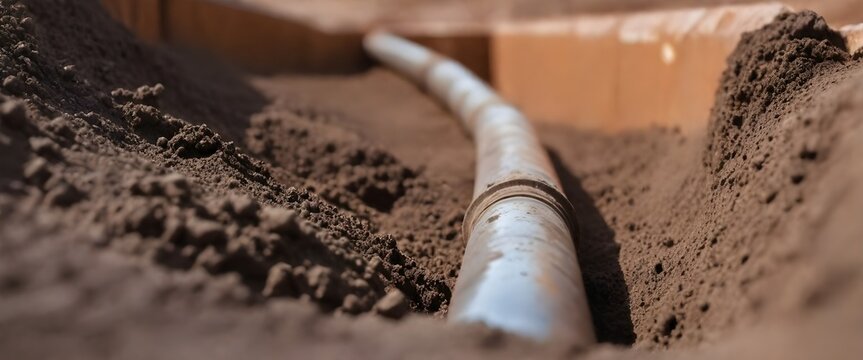 installation of a sewage plastic pipe during the construction of a house. Creative Banner. Copyspace image, Close-up of a dirty drill pipe on a construction site with soil in the background