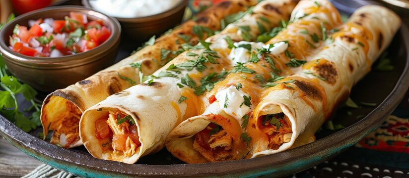A plate showcases delicious chicken taquitos served with sour cream and sweet chili sauce, accompanied by a flavorful bowl of salsa.