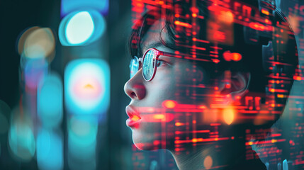 Side view Asian boy headshot with computer vision and data concept