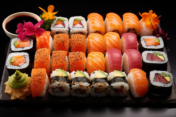 A variety of Japanese sushi and rolls with salmon and avocado. Generative AI.