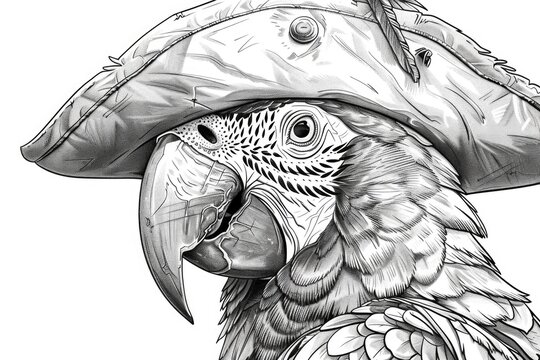 A drawing of a parrot wearing a pirate hat, coloring book for kids.