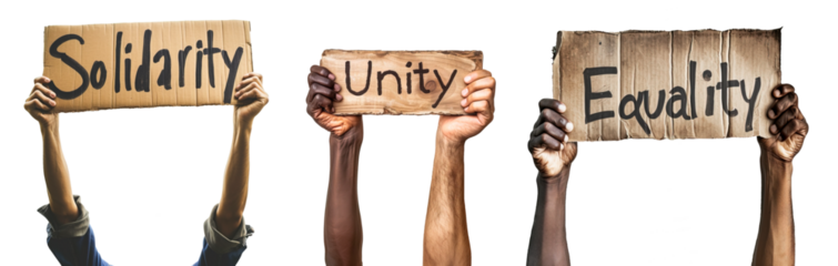 Mixed race rising hands with sign banner with the words "solidarity, unity and equality" over white transparent background
