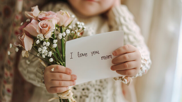 Close-up of a child holding flowers and showing the camera a letter that says "I love you mom" for mothers day conceptual promotion