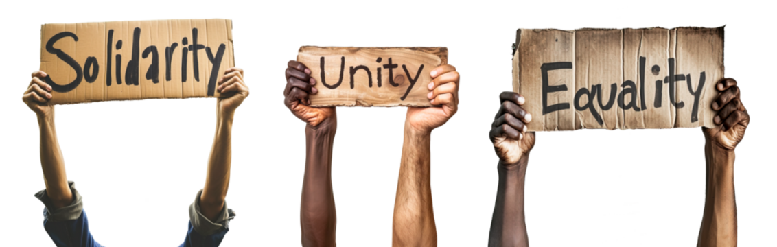Mixed race rising hands with sign banner with the words "solidarity, unity and equality" over white transparent background