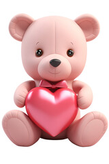 Różowy miś pluszowy trzyma w łapce czerwone serce. Misiowy pluszak jest miękki i puszysty, a czerwone serce wygląda jak sympatyczny gest miłości - obrazy, fototapety, plakaty