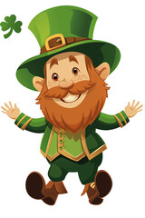 Leprechaun w kapeluszu i zielonym stroju z koniczyną i rudą brodą z wąsami